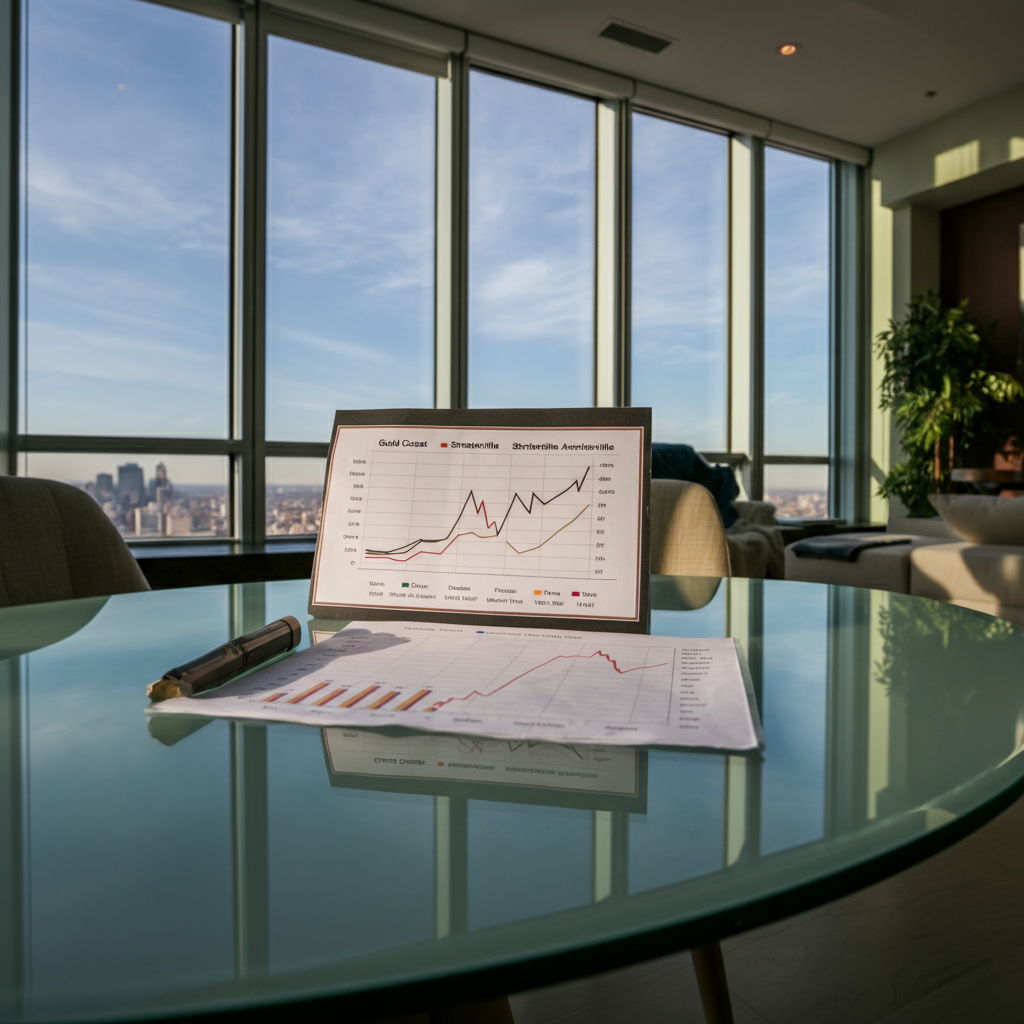 A comparative market analysis chart displayed on a sleek glass table in a modern Streeterville condominium, showing the contrasting price trends between Gold Coast's 21.1% appreciation versus Streeterville's stable prices. The room features minimalist décor and panoramic city views through large windows.