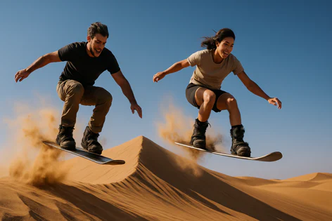 An excited man and woman are airborne on sandboards, jumping over a large desert sand dune. They kick up sand under a bright blue sky.
