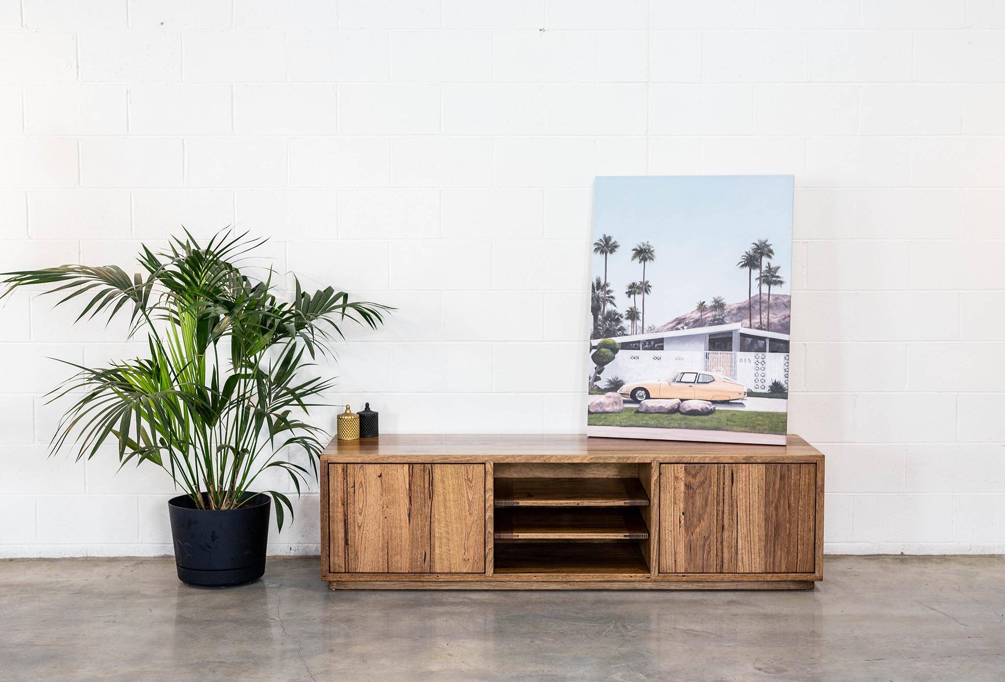 Recycled Timber Entertainment Unit Stringy Bark Push open Doors and Adjustable Shelves