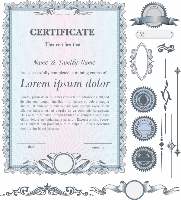 Векторные дипломы и сертификаты, фоны, элементы, гильошные сетки, розетки в формате eps