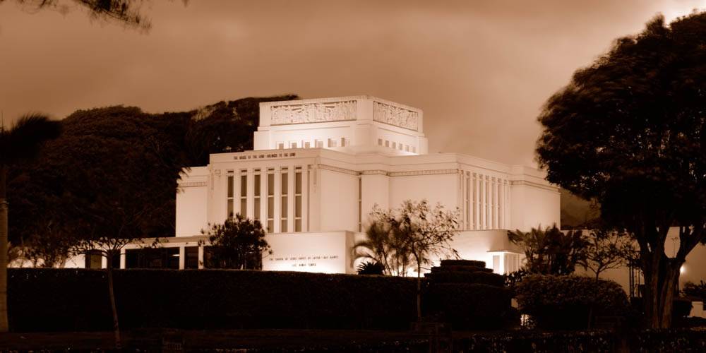 LDS art Laie Temple panoramic picture done in sepia tones. 