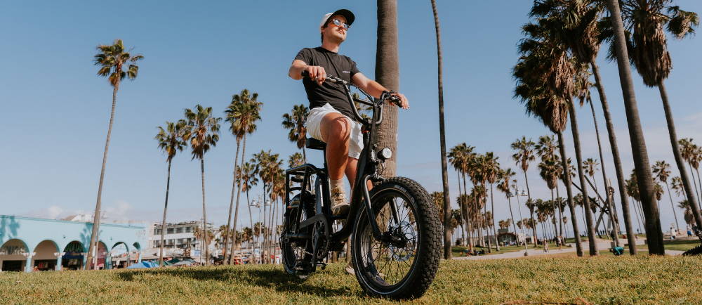 Rider on Rad Power RadRunner 2 electric bike near Venice Beach
