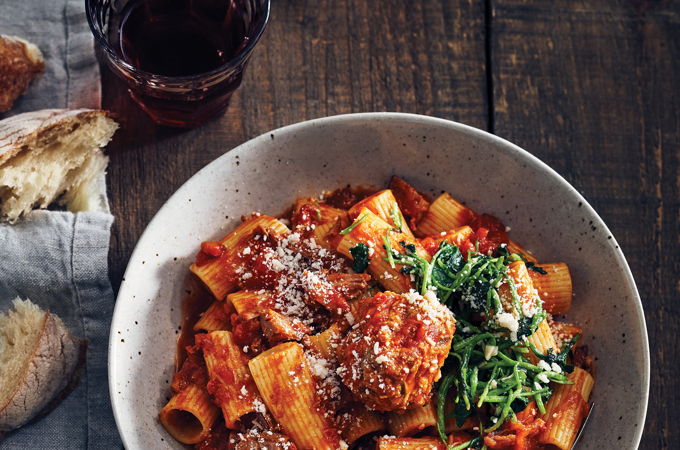 Slow Cooker Rigatoni with Tomato Sauce, Pork Shank and Sausage Meatballs