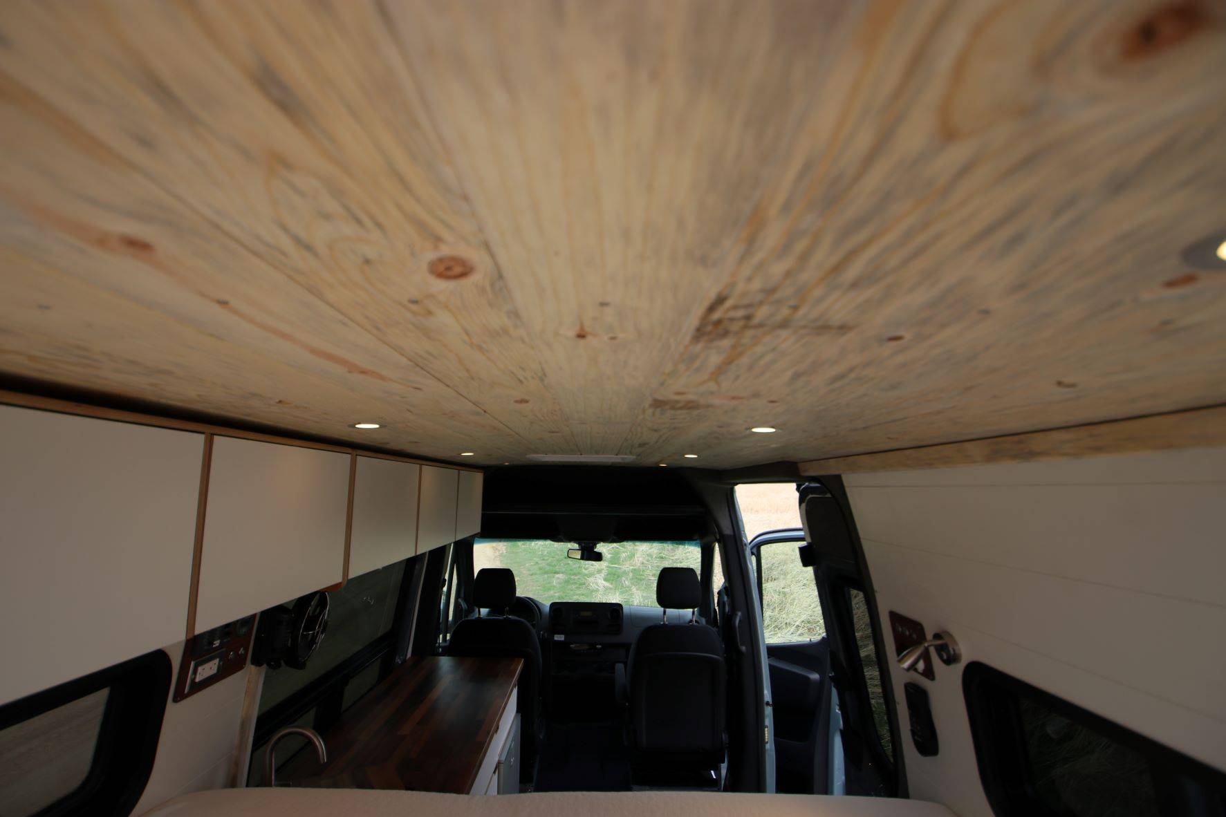 Beetle Kill Blue Pine Ceiling in Eco Sprinter Van Camper Conversion - The Vansmith Green Package