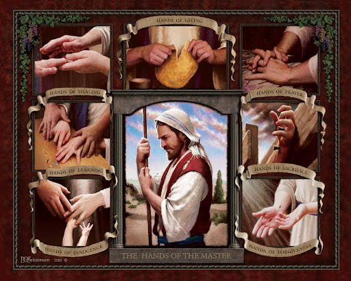 Collage of paintings of jesus' hands healing, praying, serving, and being nailed to the cross. 
