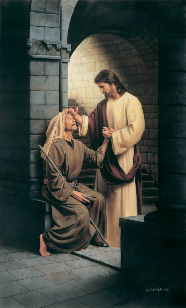 Jesus healing a blind man sitting in a lonely corridor.