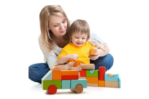 Wooden building puzzle blocks qty 28 pieces in tray for toddlers with carry bag logo