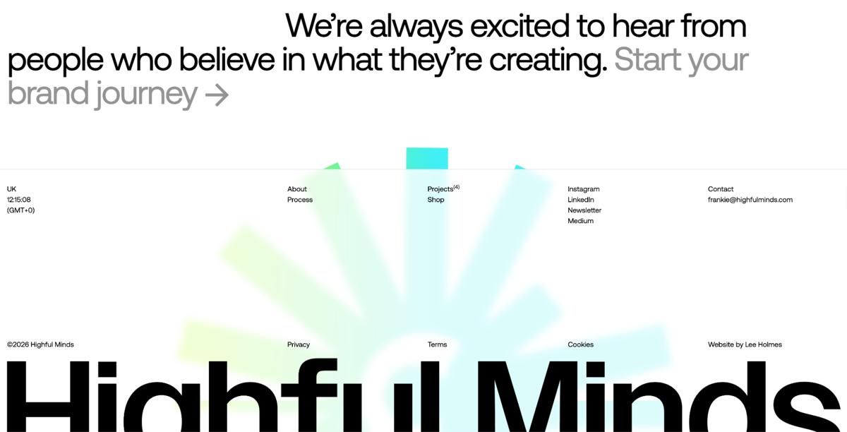 Screenshot of Highful Minds, from the website footer designs collection.