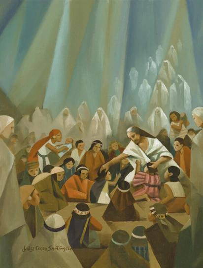 Geometric painting of Jesus blessing the children. Angels and their parents surround them.
