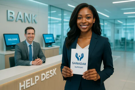 Smiling woman in a bank lobby holds a card with the Sanadak Support logo. A man is visible behind the help desk counter.