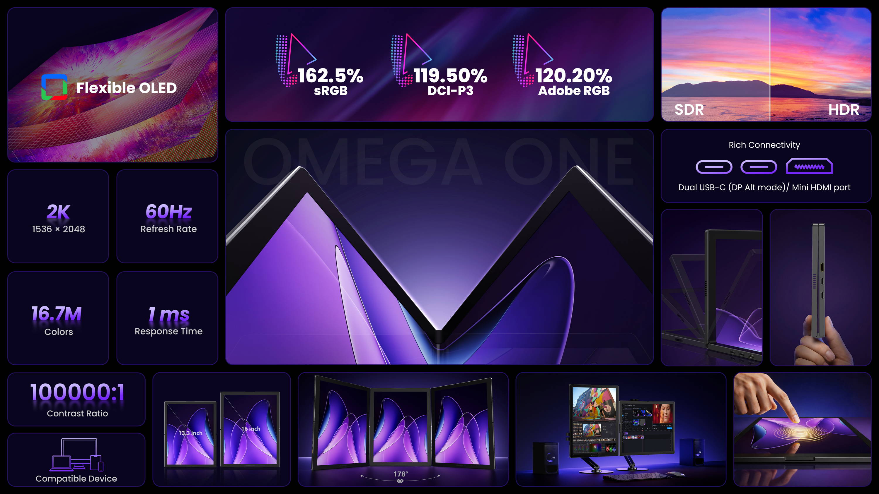 UPERFECT Omega - 22 Inch OLED Flexible Screen 3K Bendable Display 120Hz Touch