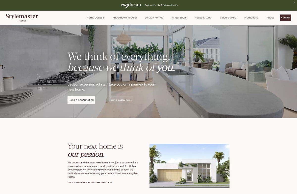 Screenshot of Stylemaster Homes, from the home builder websites collection.