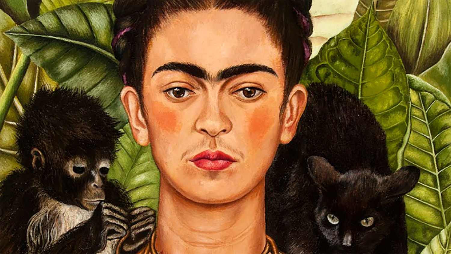 Portrait made by Frida featuring her pet monkey and black cat. Surrouned by large leaves. Her expression is serious.