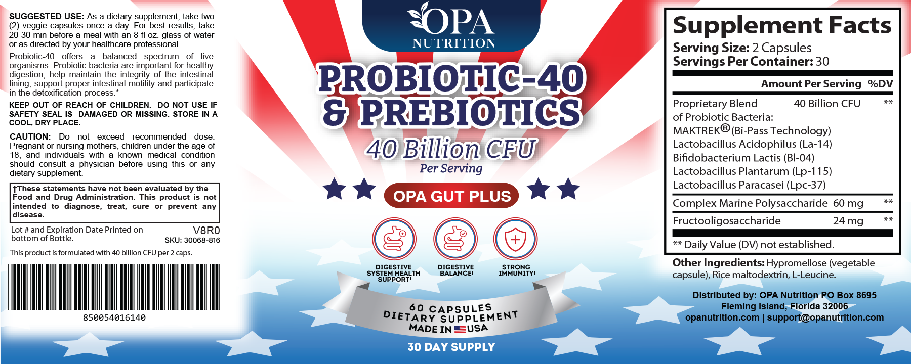 OPA NUTRITION PROBIOTIC-40 LABELS and DIRECTIONS