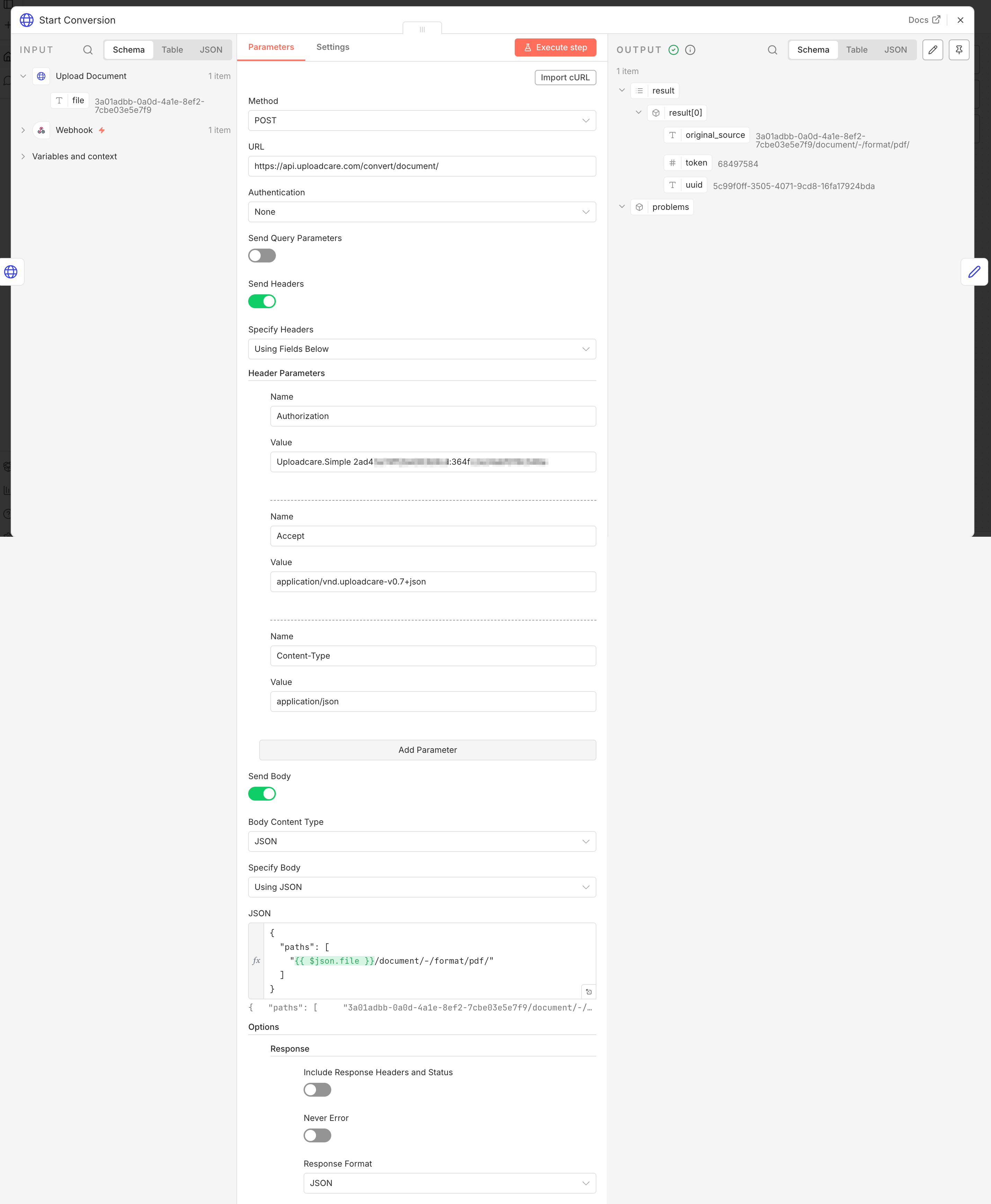 n8n HTTP Request node starting an async Uploadcare conversion