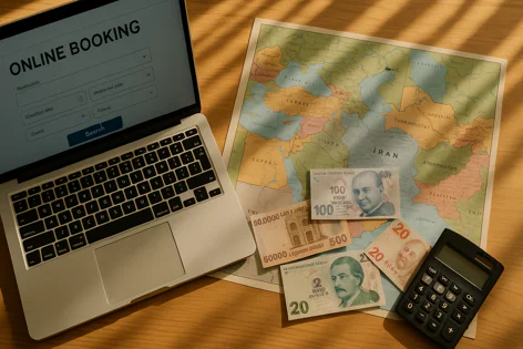Overhead view of a laptop showing online booking, a map, calculator, and banknotes on a wood table, representing travel planning and costs.