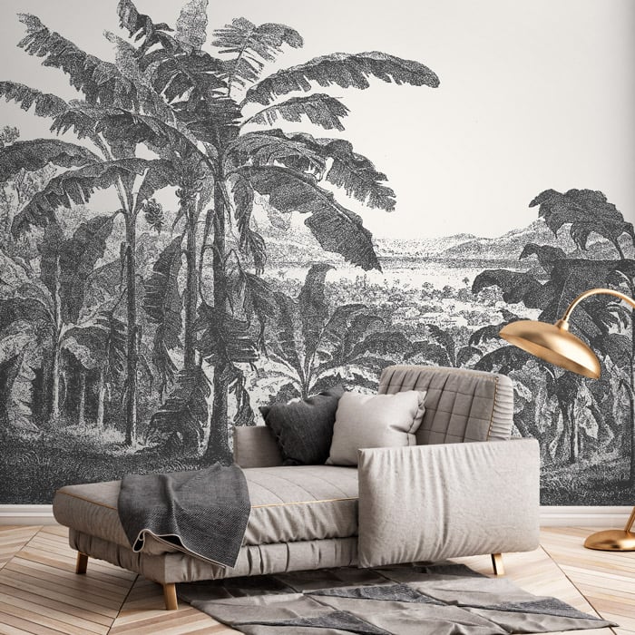 white & black vintage palm mountain wall mural hero image