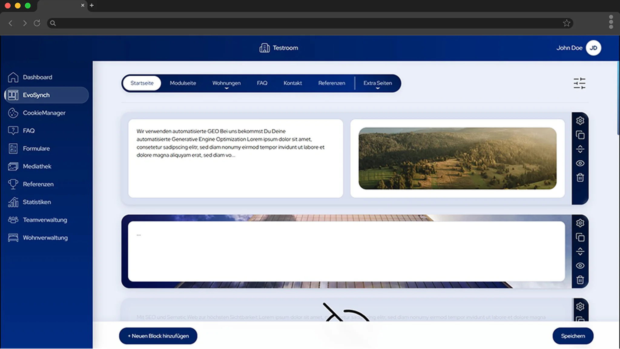 Evolu CMS Backend mit Seiteneditor, Navigationsleiste links und Blockstruktur im Hauptbereich