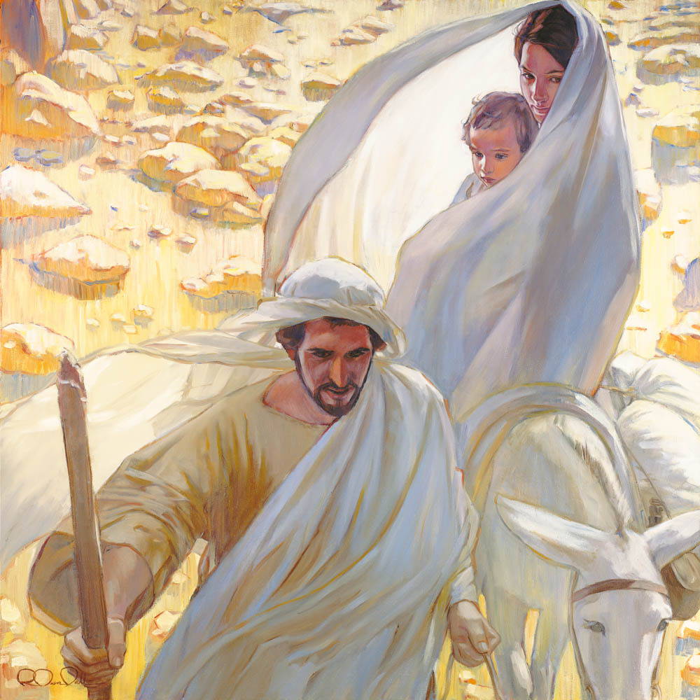 Painting of Joseph leading Mary and young Jesus away on a donkey.