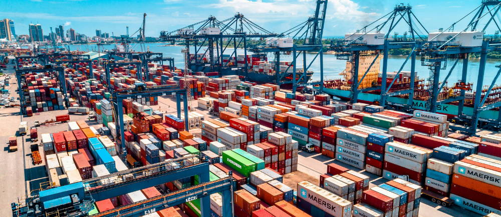 Aerial image of shipping port and containers