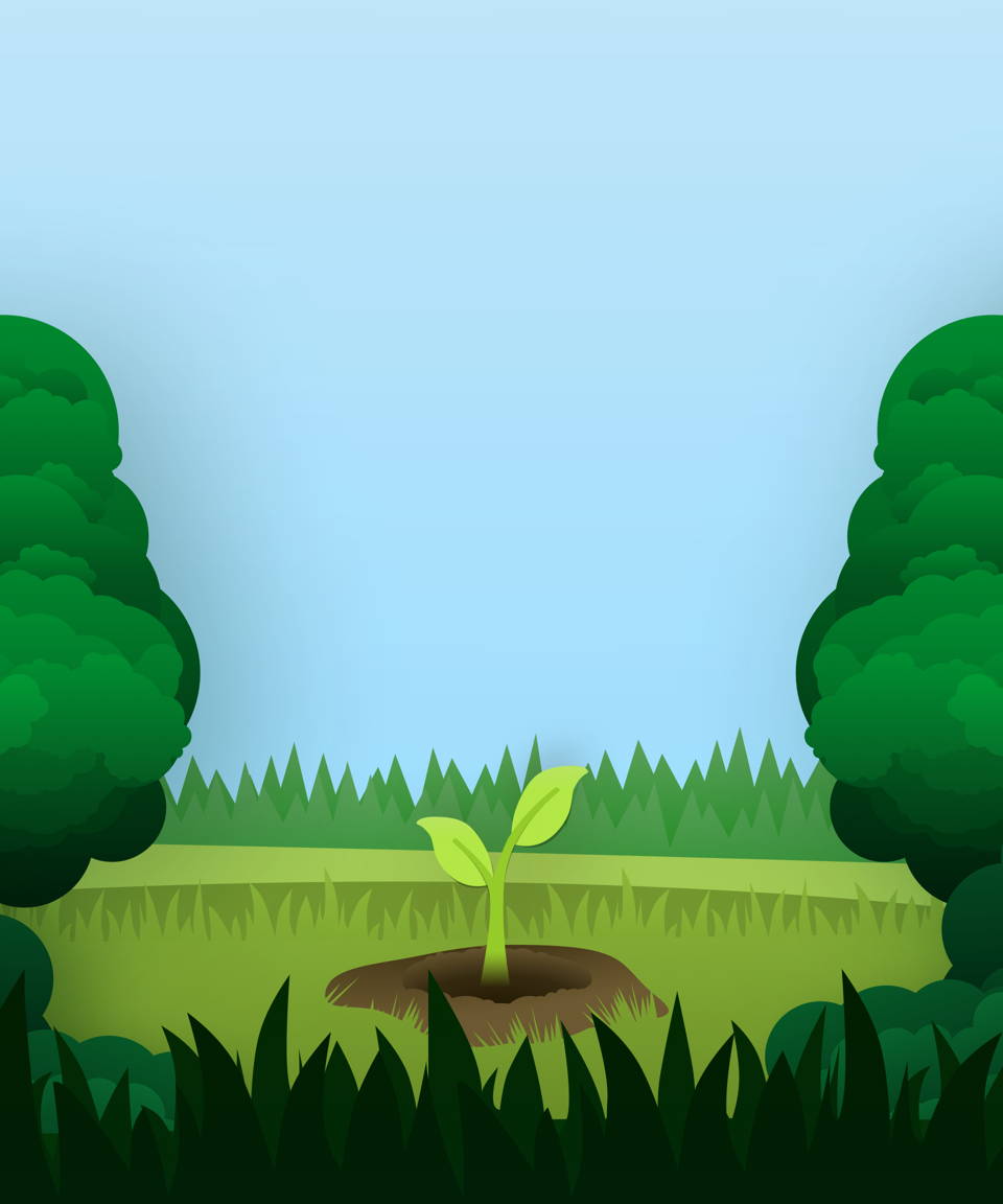A sprout growing out of the ground in a field lined with trees for Confetti's Virtual Mini Games