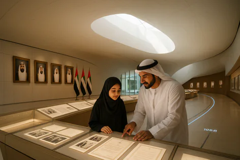 A man points to historical documents in a brightly lit museum display case, while a girl looks on. Portraits of leaders and UAE flags are displayed on the curved wall of the modern gallery.