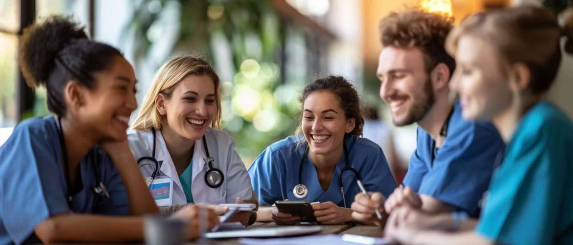 Travel nurses networking and planning finances in a cozy café.