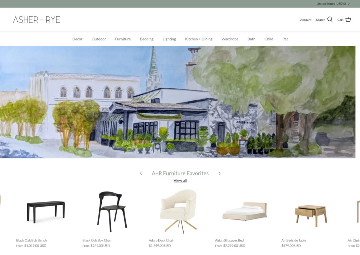 Screenshot of Asher + Rye, from the shopify furniture stores collection.