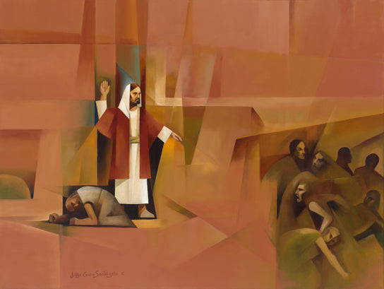 Abstract painting of Jesus casting out devils.