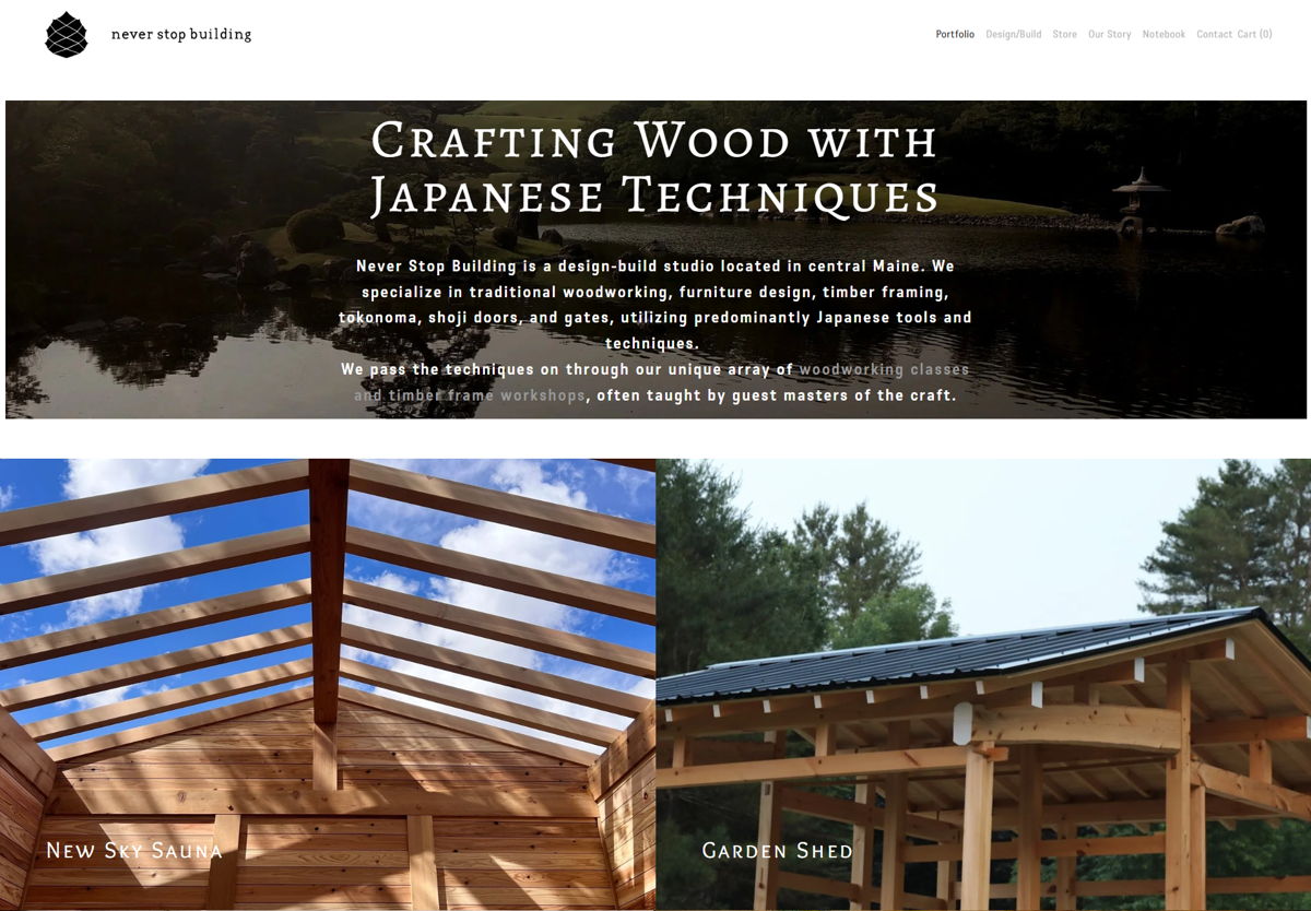 Screenshot of Never Stop Building, from the home builder websites collection.