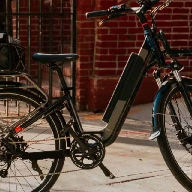 a trek electric city bike on a bike path in front of a pond