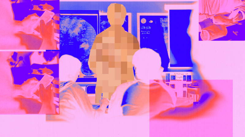 Photo collage of students in a classroom looking at a figure with pixellated skin and zoomed in shots of students looking at their phones.