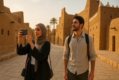 A woman in a hijab photographs the intricate mud-brick buildings while a man with a backpack stands beside her, exploring a historical site.