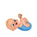 Illustration of a cute smiling baby laying on the back and playing with a Montessori Rattle.