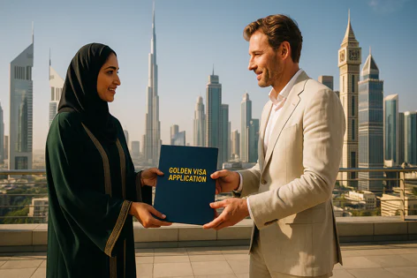 Two people, a woman in a hijab and a man in a suit, exchanging a Golden Visa application document against the stunning Dubai skyline with Burj Khalifa.