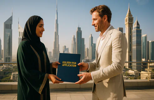 Two people, a woman in a hijab and a man in a suit, exchanging a Golden Visa application document against the stunning Dubai skyline with Burj Khalifa.