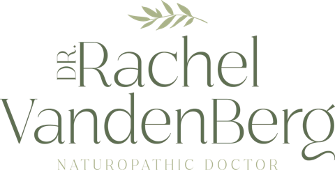 Logo for Dr. Rachel VandenBerg, Naturopathic Doctor, with a small olive branch graphic.