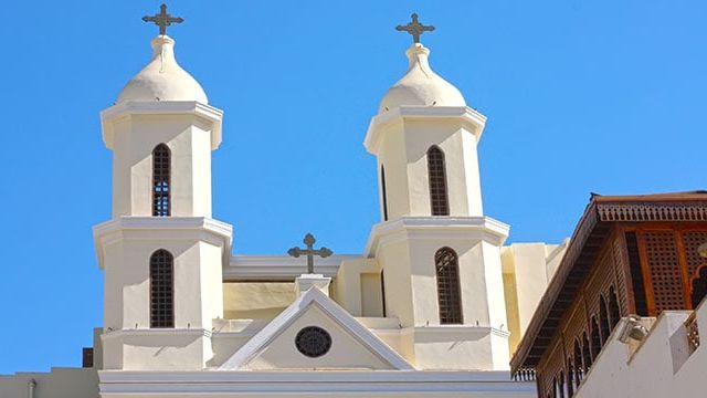 White towers of the Hanging Church in Cairo, Egypt