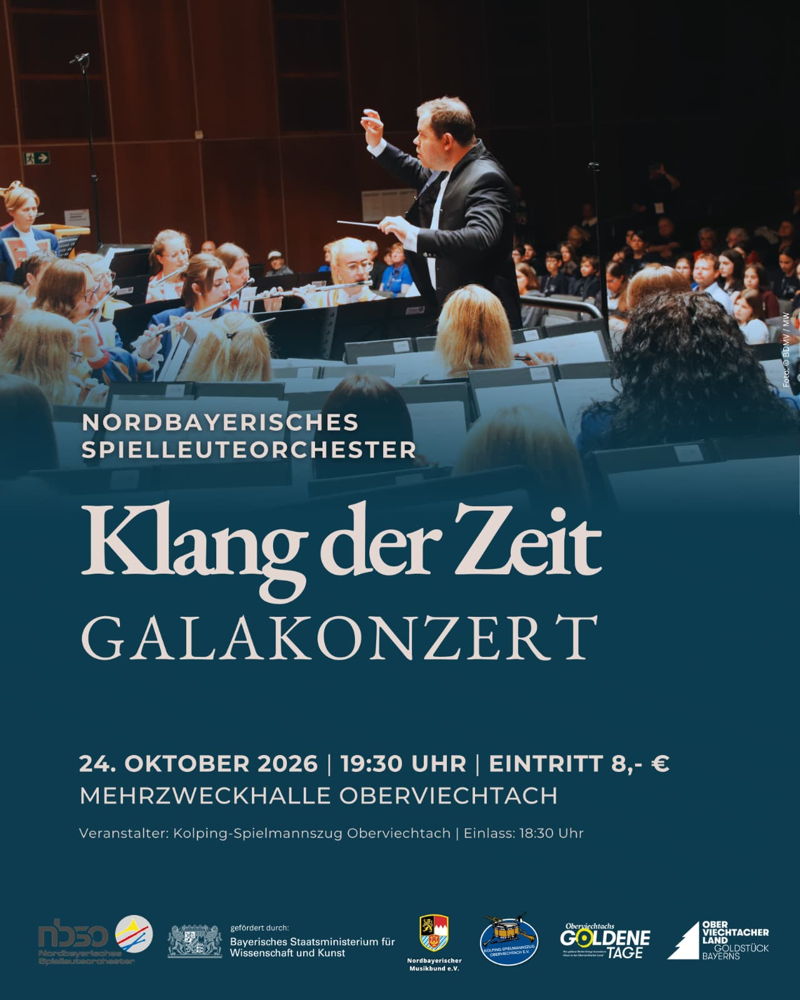 Auf einem Konzertplakat sind ein großes Spielleuteorchester zu sehen und die Aufschrift "Klang der Zeit". 