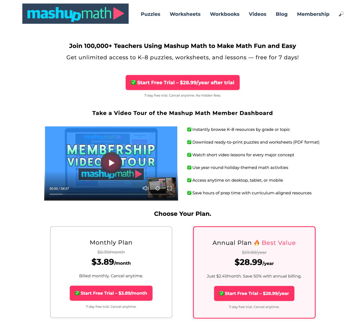 Screenshot of Mashup Math, from the squarespace membership websites collection.