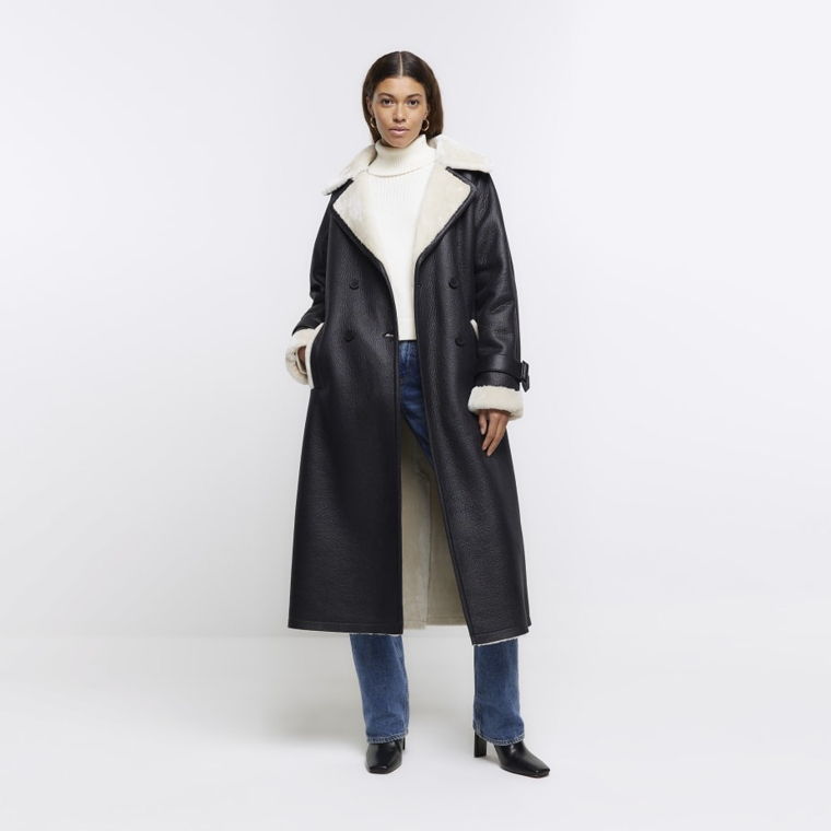 Neuer Black Belted Shearling Trench Coat