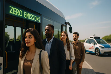 Diverse group of commuters line up to board a zero emissions bus with a self-driving electric car nearby, illustrating sustainable urban mobility.