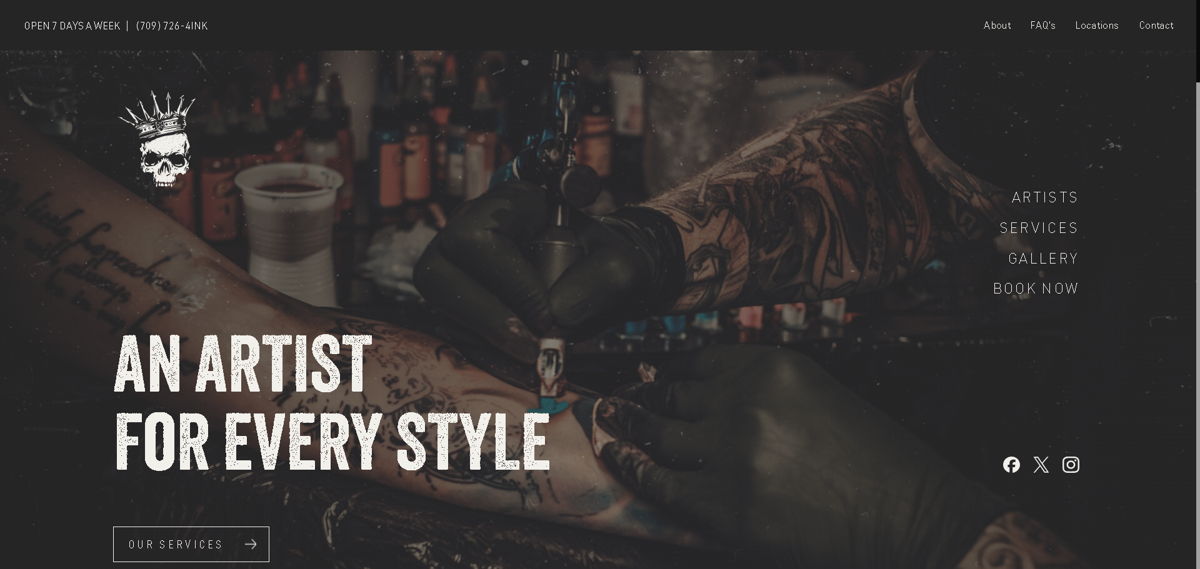 Screenshot of Elite Tattoo Studios, from the tattoo websites collection.