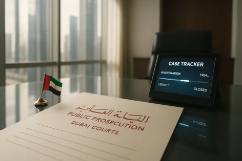 A folder for Public Prosecution Dubai Courts rests on a desk next to a UAE flag and a tablet showing a case tracker at the trial stage.