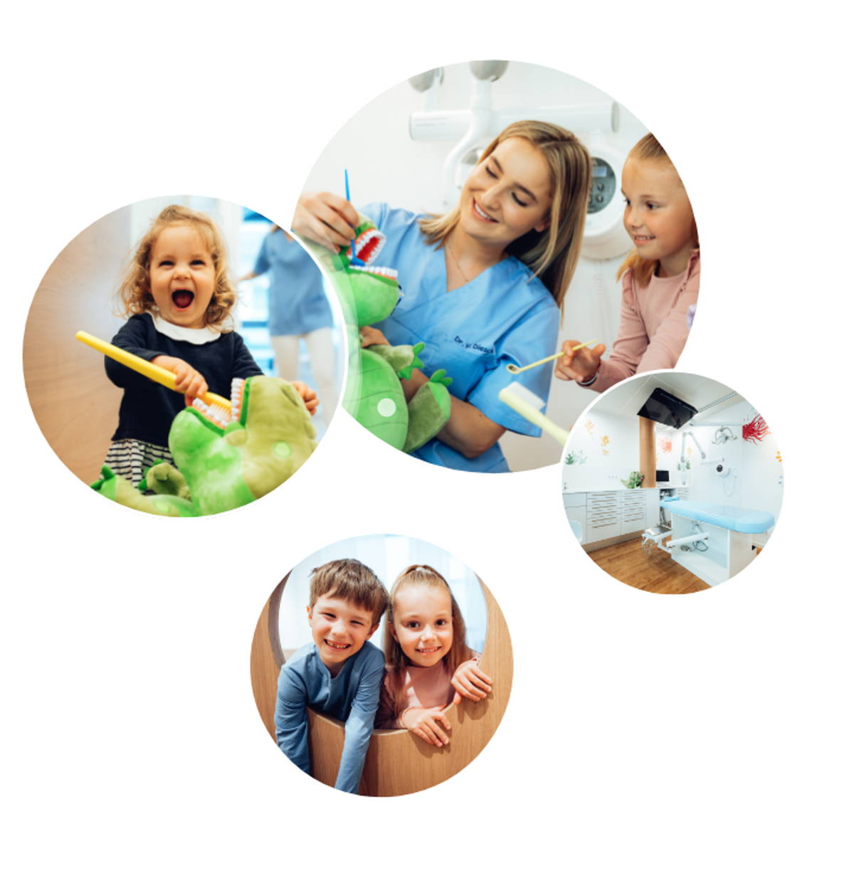 Zahnärztin zeigt der kleinen Patientin wie man richtig zähne putzt. Weitere Kinder lachen auf den Fotos und sehen fröhlich aus. Auf einem weitern kleinen Bild sieht man ein helles und freundliches Behandlungszimmer.