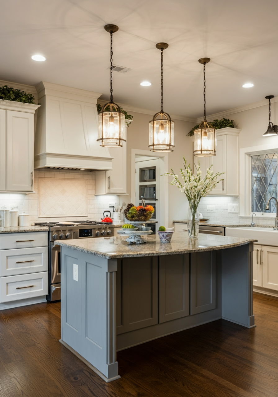 Kitchen lighting upgrade showcasing new pendant lights over an island and recessed lighting that brightens the entire space. The strategic lighting plan highlights architectural features while creating ambiance—a priority for luxury buyers who expect both function and atmosphere in these prestigious neighborhoods.