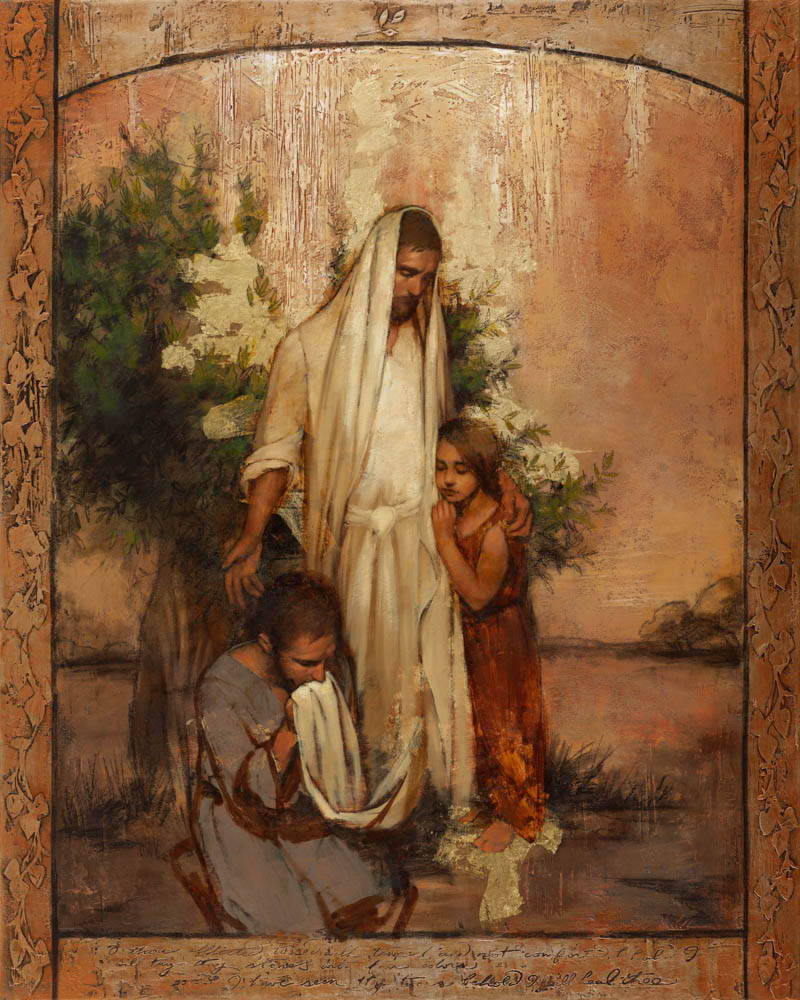 Painting of Jesus comforting a young girl and a man who is kneeling and kissing the hem of Christ's robe.