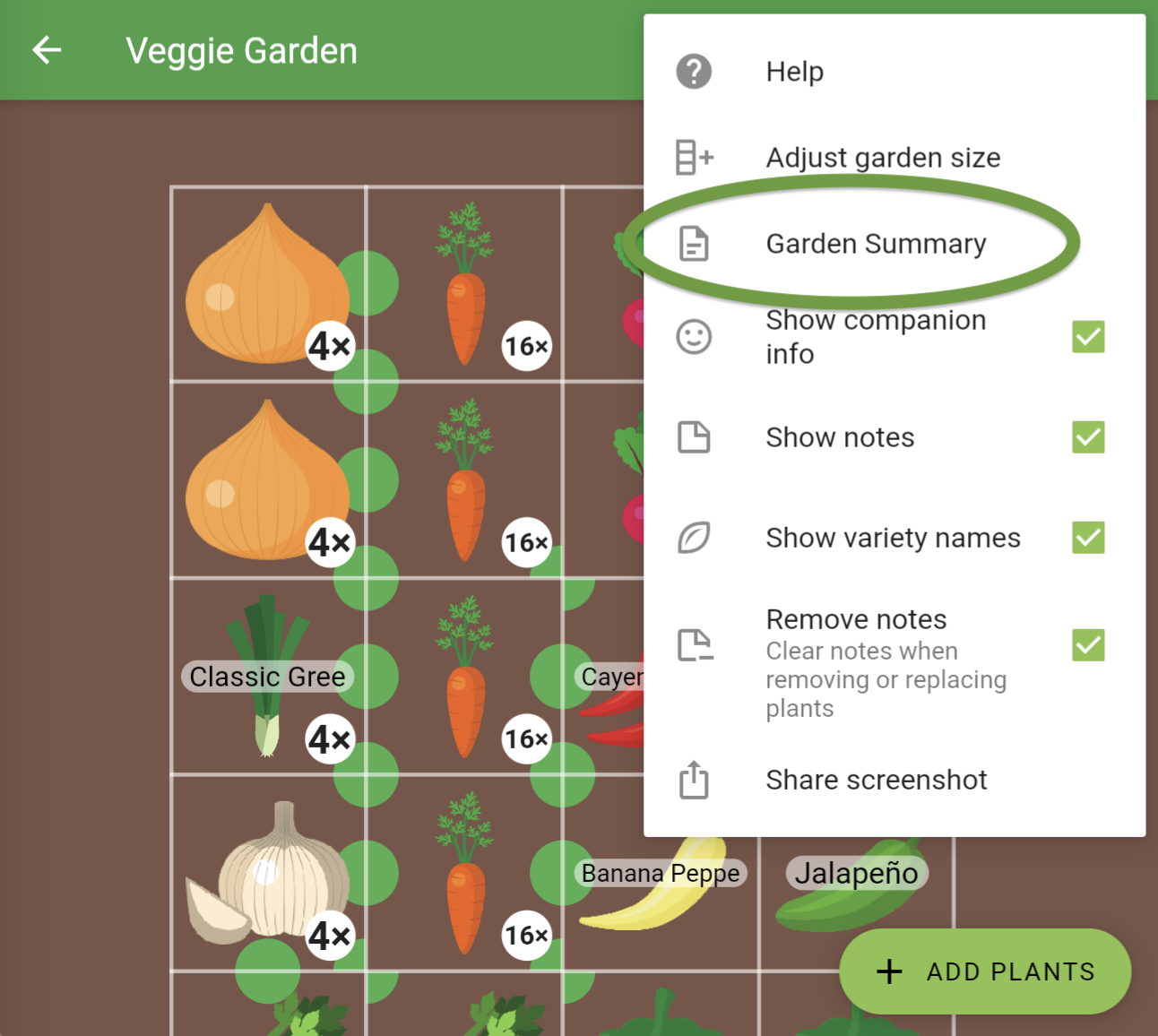 Screenshot showing how to access the Garden Summary view.
