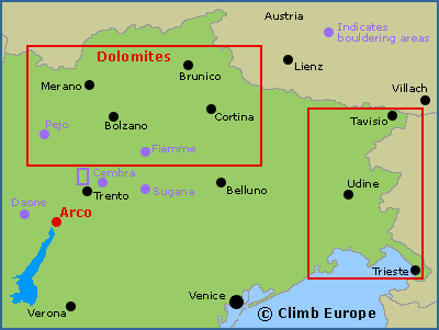 Map of the main rock climbing areas in northeast Italy