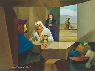 Abstract painting illustrating the parable of the talents, with two servants presenting their wealth and the third burying his gift.